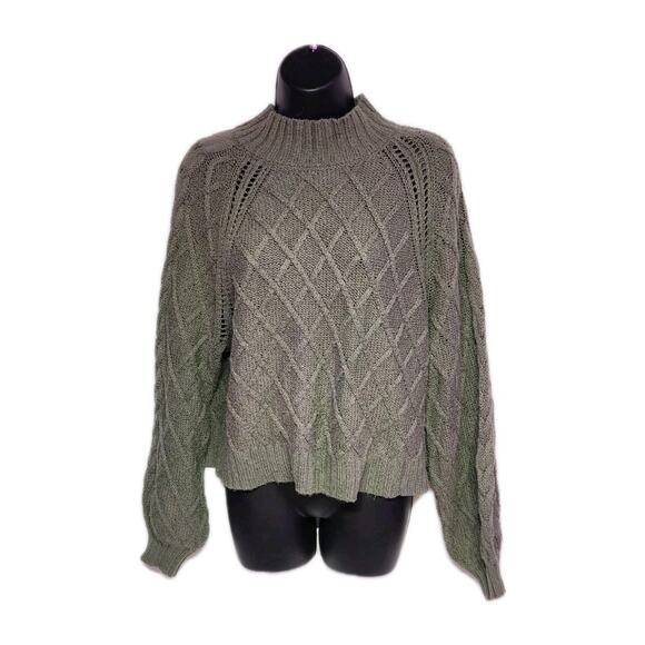 American Eagle Women’s XL Sweater Olive Green Cable Knit Diamond Crop Mock Neck - Picture 13 of 15